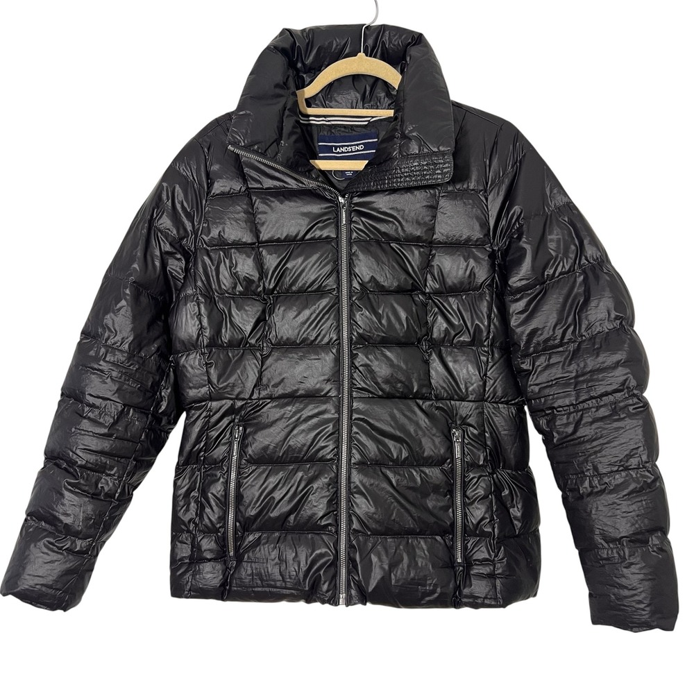 Lands End Puffer Coat Women 12 Black Down Quilted Full Zip Light Weight Packable